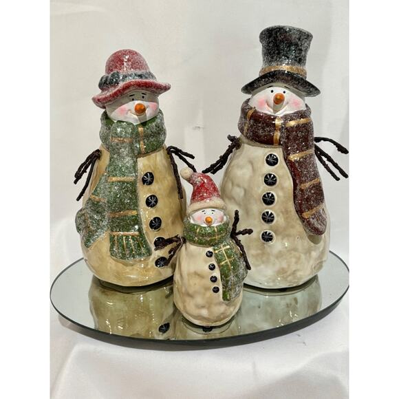 VINTAGE CHRISTMAS DECOR pottery SNOWMAN FAMILY W/ MIRROR HAND PAINTED Country - Picture 5 of 16